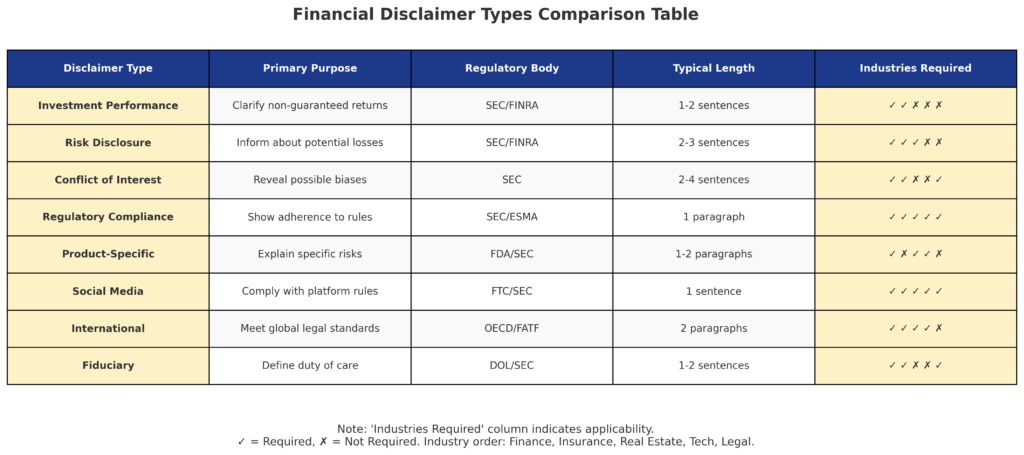 financial disclaimer types table in the theme financial disclaimers explained 
