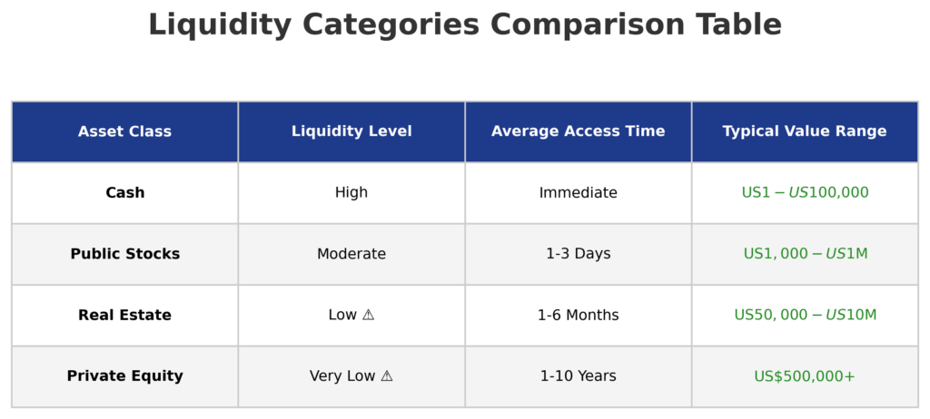Liquidity Categories Comparison Table in the theme investment liquidity analysis