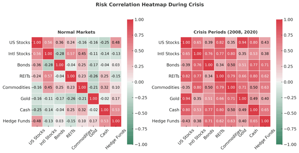 risk correlation heatmap during crisis in the theme portfolio stress simulation