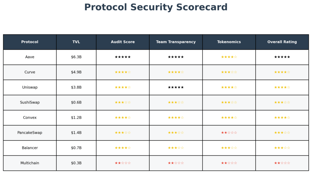 Protocol Security Scorecard Table in the theme DeFi yield farming strategies