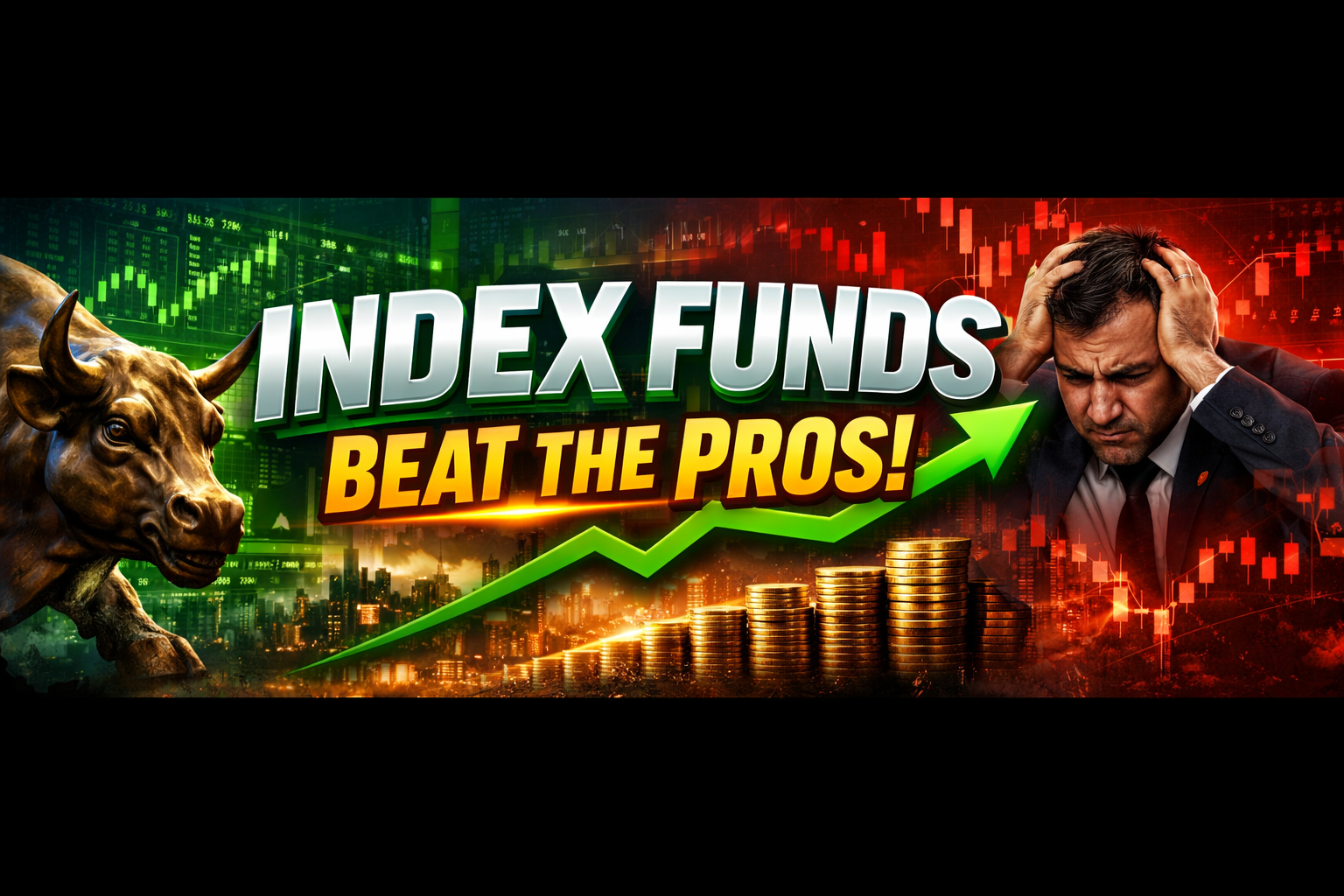 What is an index fund educational hero image with yellow title on blue background. Visual shows comparison between single stock investment (small red box, high risk) and index fund investment (large green box with grid representing 500+ companies, lower risk through diversification). Three benefit boxes highlight: low cost 0.03% fees, automatic diversification, and performance beating 92% of professional fund managers. Subtitle emphasizes "Simple Investment That Beats 90% of Professionals." Professional graphic explaining index fund basics for beginner investors, demonstrating how one index fund purchase provides instant ownership in hundreds of companies, offering superior returns compared to actively managed mutual funds while requiring minimal effort and fees for passive long-term investing strategies.