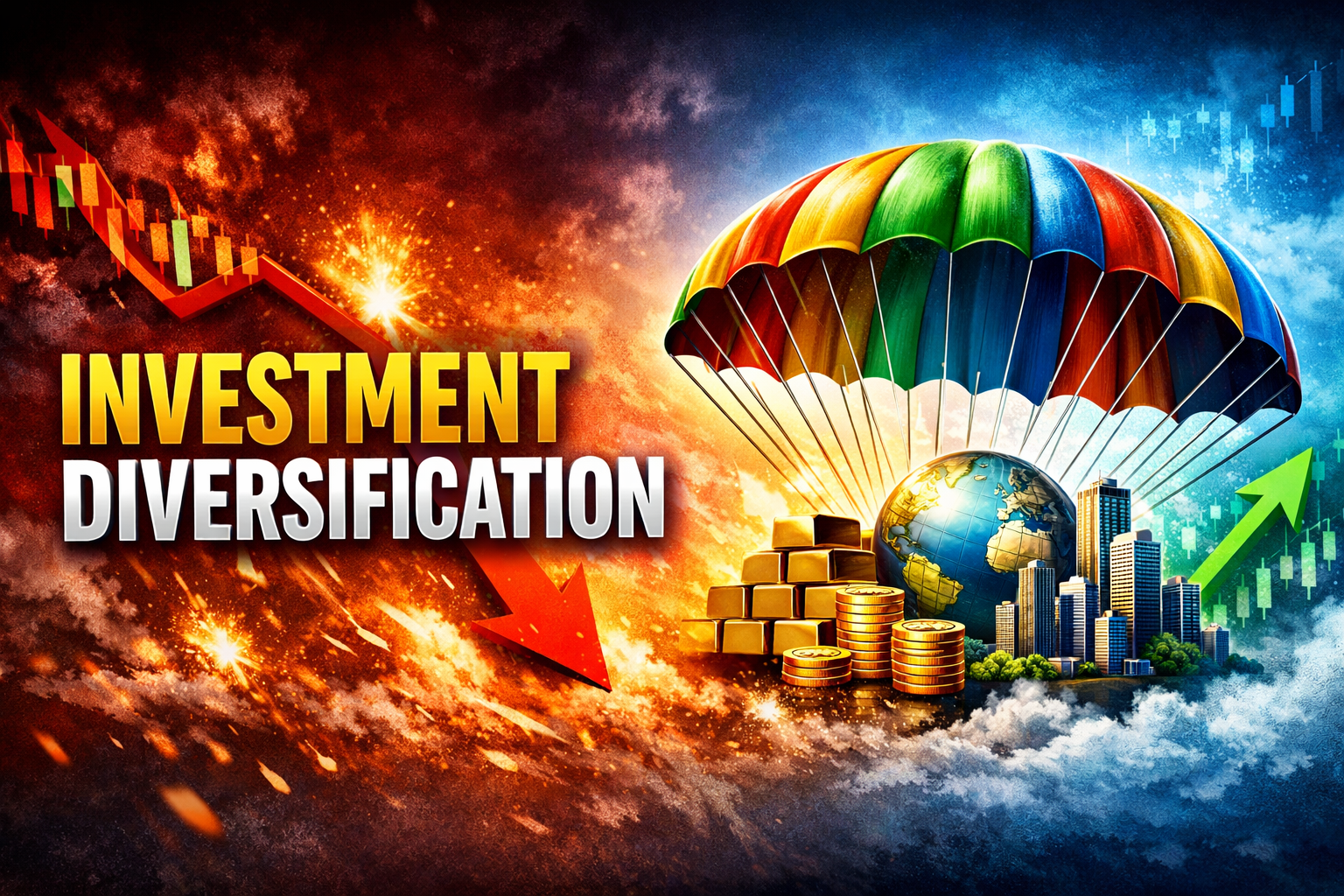 Diversification infographic illustrating the investment concept of not putting all eggs in one basket - shows one basket with falling broken eggs marked with red X versus five separate baskets with eggs safely distributed, demonstrating how spreading investments across different assets reduces portfolio risk