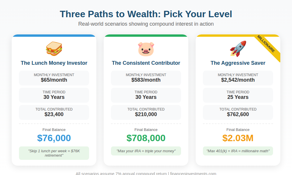 Three-panel infographic showing compound interest scenarios - Lunch Money Investor saving $65/month reaches $76,000, Consistent Contributor with $583/month reaches $708,000, Aggressive Saver with $2,542/month becomes millionaire at $2.03M - all at 7% return