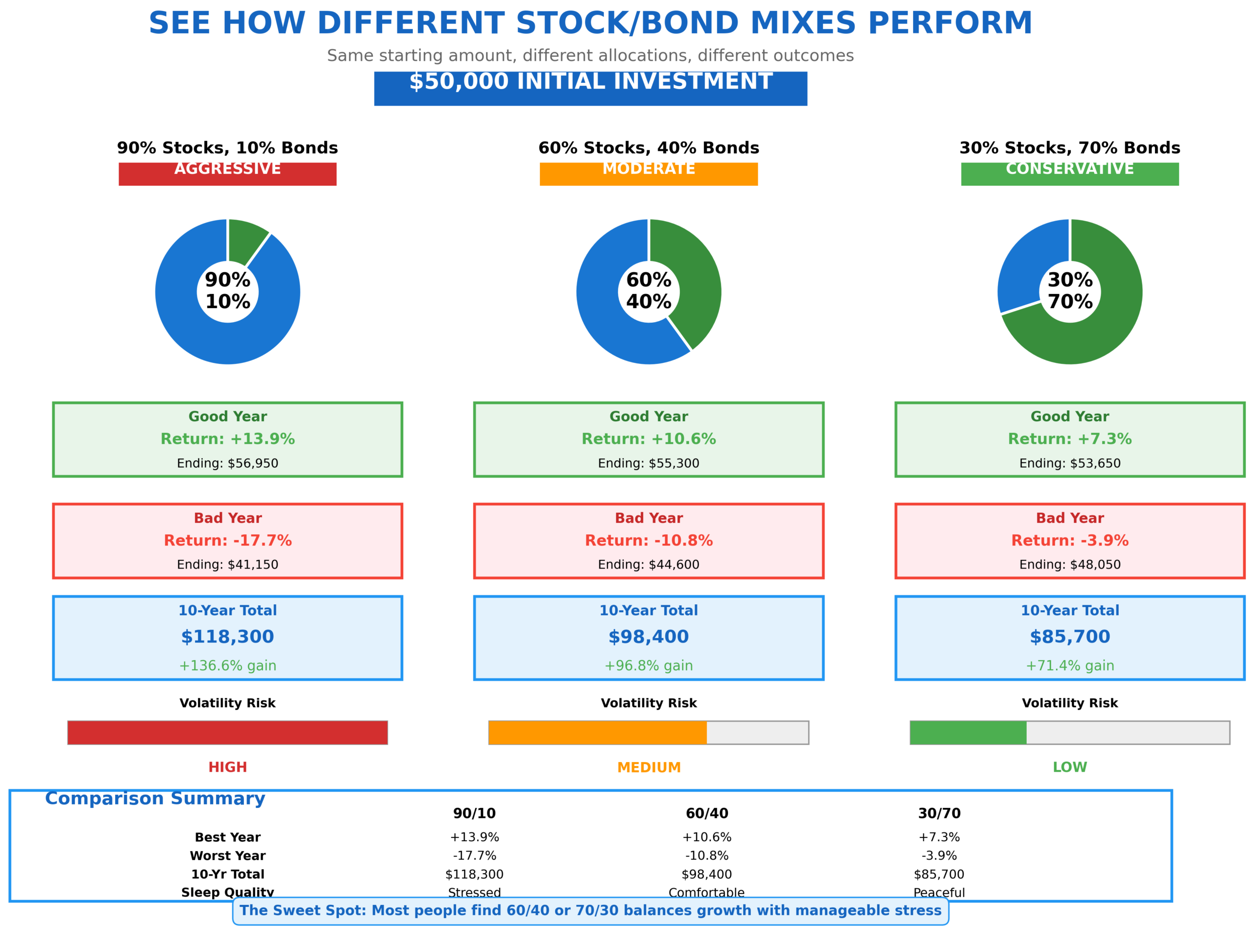 Portfolio performance simulator comparing three different stock-bond allocations starting with $50,000. Three scenarios shown with pie charts and performance boxes. Scenario 1 Aggressive 90% stocks 10% bonds (red badge): Good year return plus 13.9% ending $56,950, Bad year return minus 17.7% ending $41,150, 10-year total $118,300 plus 136.6% gain, Volatility Risk HIGH (red bar). Scenario 2 Moderate 60% stocks 40% bonds (orange badge): Good year plus 10.6% ending $55,300, Bad year minus 10.8% ending $44,600, 10-year total $98,400 plus 96.8% gain, Volatility Risk MEDIUM (orange bar). Scenario 3 Conservative 30% stocks 70% bonds (green badge): Good year plus 7.3% ending $53,650, Bad year minus 3.9% ending $48,050, 10-year total $85,700 plus 71.4% gain, Volatility Risk LOW (green bar). Comparison summary table shows Best Year, Worst Year, 10-Year Total, and Sleep Quality (Stressed, Comfortable, Peaceful) for all three allocations. Bottom insight: The sweet spot is most people find 60/40 or 70/30 balances growth with manageable stress.