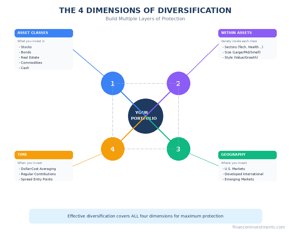 Hub and spoke diagram showing the four dimensions of investment diversification - central portfolio hub connected to four categories: Asset Classes (stocks, bonds, real estate, commodities, cash), Within Assets (sectors, company size, investment style), Geography (US, developed international, emerging markets), and Time (dollar-cost averaging, regular contributions)