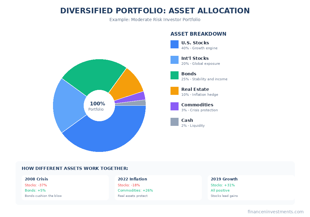 Pie chart showing diversified portfolio asset allocation for moderate risk investor - 40% US stocks, 20% international stocks, 25% bonds, 10% real estate REITs, 3% commodities, 2% cash - with risk ratings and descriptions for each asset class plus examples of how different assets performed during 2008 crisis, 2022 inflation, and 2019 growth periods