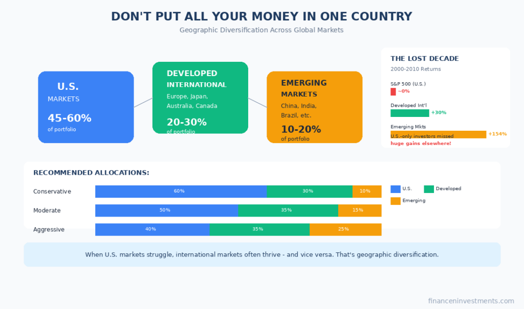 World map infographic showing geographic diversification across global markets - US markets in blue (45-60% allocation), developed international markets in green including Europe Japan Australia Canada (20-30% allocation), emerging markets in gold including China India Brazil (10-20% allocation) - includes Lost Decade example showing 2000-2010 returns where US returned 0% while international returned 30% and emerging markets returned 154%