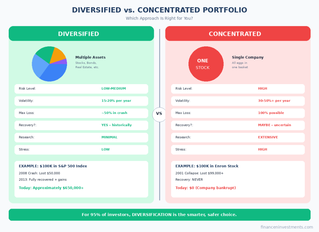 Split-screen comparison infographic of diversified versus concentrated portfolio - diversified side shows multiple assets with low-medium risk, 15-20% volatility, 50% max loss in crash with recovery, minimal research needed, low stress - concentrated side shows single stock with high risk, 30-50% volatility, 100% possible loss, extensive research, high stress - includes real examples of $100K in S&P 500 recovering to $650K versus $100K in Enron going to zero