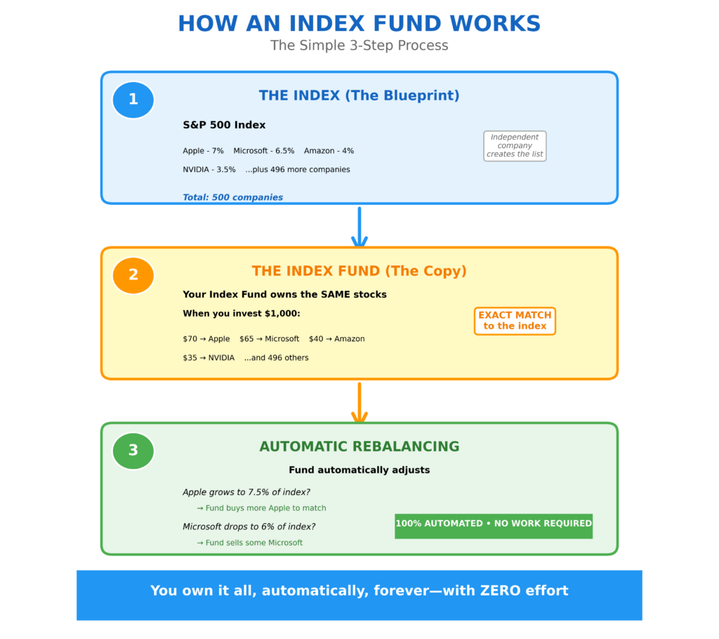 Three-step flow diagram explaining how index funds work. Step 1 in blue shows "The Index (The Blueprint)" - the S&P 500 index listing 500 companies with percentages: Apple 7%, Microsoft 6.5%, Amazon 4%, NVIDIA 3.5%, plus 496 more companies, maintained by independent companies. Large blue arrow points to Step 2 in orange showing "The Index Fund (The Copy)" - your index fund owns the same stocks in exact proportions, so a $1,000 investment includes $70 in Apple, $65 Microsoft, $40 Amazon, $35 NVIDIA, and 496 others, matching the index exactly. Orange arrow leads to Step 3 in green showing "Automatic Rebalancing" - the fund automatically adjusts when companies' index percentages change, requiring 100% automation with zero work from investors. Bottom banner emphasizes owning everything automatically forever with zero effort.