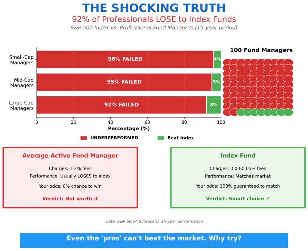 Horizontal bar chart and visual representation showing 92% of professional fund managers fail to beat index funds over 15 years. Chart displays three categories from S&P SPIVA Scorecard data: large-cap managers show 92% underperformed (red) versus 8% beat index (green), mid-cap managers show 95% underperformed versus 5% succeeded, small-cap managers show 96% underperformed versus only 4% beat their index. Right side features 100-person grid visualization with 92 red figures representing failed managers and 8 green figures showing successful ones, overlaid with large "92%" in red. Bottom comparison boxes contrast average active fund manager (charges 1-2% fees, usually loses to index, 8% odds of winning) against index funds (charges 0.03-0.05% fees, guaranteed to match market, 100% odds). Banner emphasizes even professionals cannot beat the market consistently.