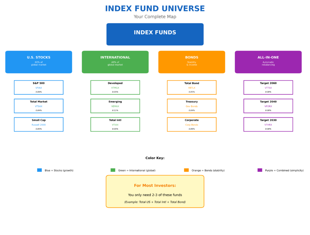 Hierarchical tree diagram showing complete index fund universe organized by categories. Top level displays "Index Funds" branching into four main categories: U.S. Stocks in blue (60% of global market), International Stocks in green (40% of global market), Bonds in orange (stability and income), and All-in-One in purple (automatic rebalancing). U.S. Stocks category includes three subcategories: S&P 500 tracking 500 large companies (VFIAX, 0.04% fee), Total Market covering 3,600 companies (VTSAX, 0.04%), and Small Cap with Russell 2000 (0.05%). International category shows Developed Markets covering Europe and Japan (VTMGX, 0.05%), Emerging Markets for China, India, Brazil (VEMAX, 0.11%), and Total International (VTIAX, 0.05%). Bonds category includes Total Bond Market (VBTLX, 0.05%), Treasury Bonds (0.04%), and Corporate Bonds (0.06%). All-in-One shows Target 2060, 2040, and 2030 funds. Color-coded legend and note emphasizing most investors only need 2-3 funds.
