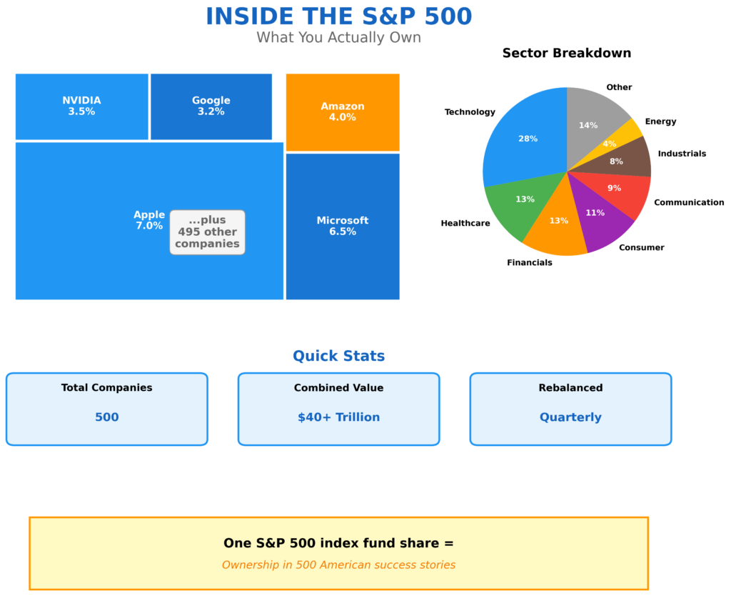 Treemap and pie chart showing S&P 500 index composition and what investors actually own. Left treemap displays top holdings sized by market weight: Apple occupies largest space at 7.0%, Microsoft second at 6.5%, Amazon at 4.0%, NVIDIA at 3.5%, Google at 3.2%, with note indicating plus 495 other companies. Right pie chart breaks down by sectors: Technology dominates at 28%, Healthcare at 13%, Financials at 13%, Consumer sectors at 11%, Communication Services at 9%, Industrials at 8%, Energy at 4%, and Other sectors at 14%. Bottom statistics boxes show total of 500 companies with combined market value exceeding $40 trillion, rebalanced quarterly. Yellow insight banner emphasizes one S&P 500 index fund share equals ownership stake in 500 American success stories, providing instant diversification across entire U.S. economy.