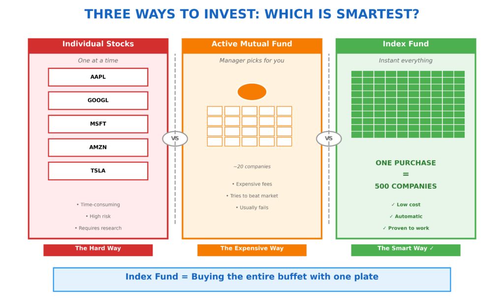 Three-panel comparison infographic explaining what is an index fund versus individual stocks and active mutual funds. Left panel in red shows individual stock investing with five company stock boxes (Apple, Google, Microsoft, Amazon, Tesla), labeled "The Hard Way" - requiring time-consuming research and high risk. Middle panel in orange displays active mutual fund investing with a fund manager icon selecting approximately 20 companies, labeled "The Expensive Way" - expensive fees with attempts to beat market that usually fail. Right panel in green illustrates index fund investing with a grid representing 500 companies, showing one purchase equals ownership in 500 companies, labeled "The Smart Way" with checkmarks for low cost, automatic investing, and proven results. Bottom banner emphasizes "Index Fund equals buying the entire buffet with one plate." Visual comparison demonstrates why index funds are the smartest investment choice for beginners.