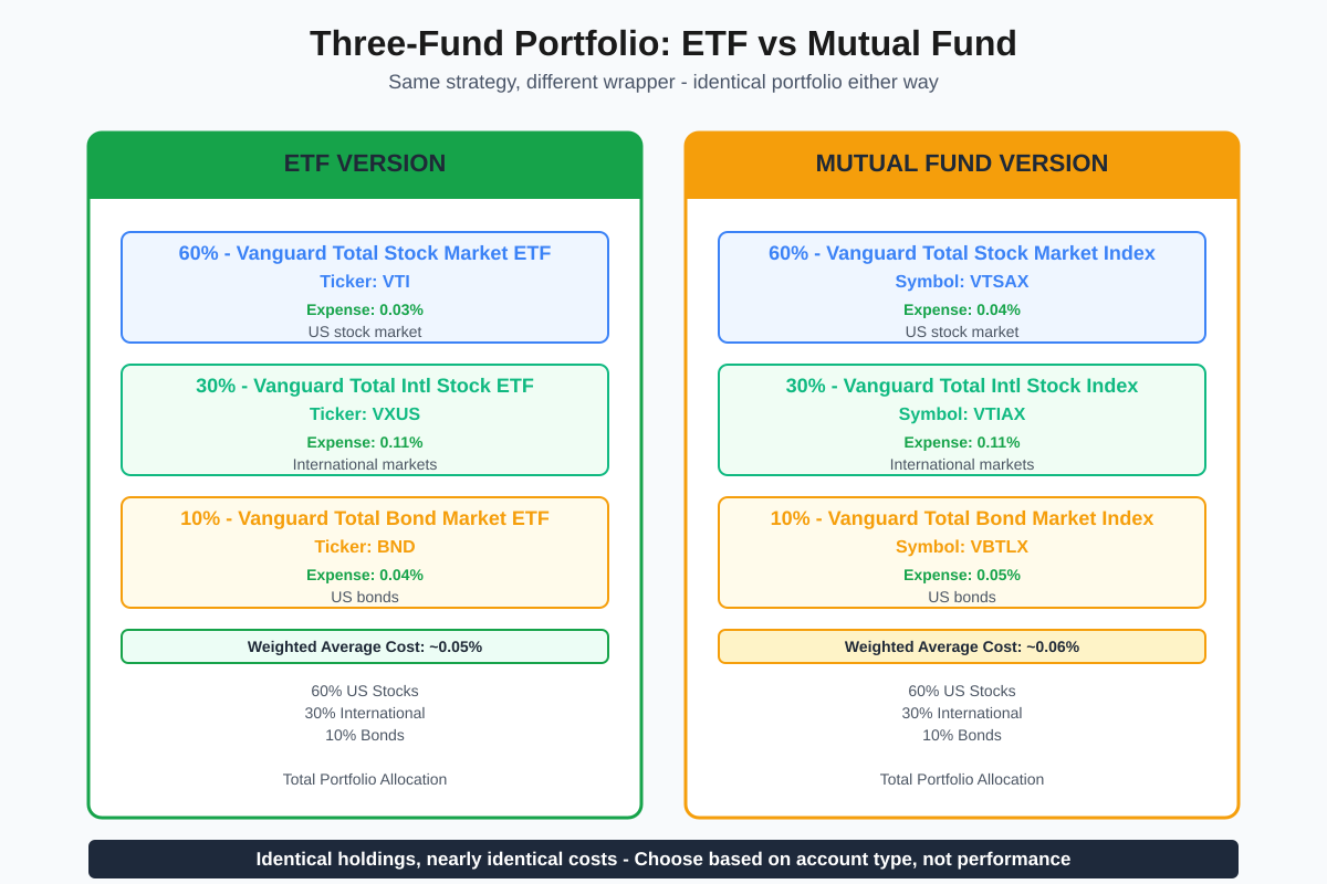Three-fund portfolio comparison showing identical asset allocation using ETFs (VTI, VXUS, BND) versus mutual funds (VTSAX, VTIAX, VBTLX)