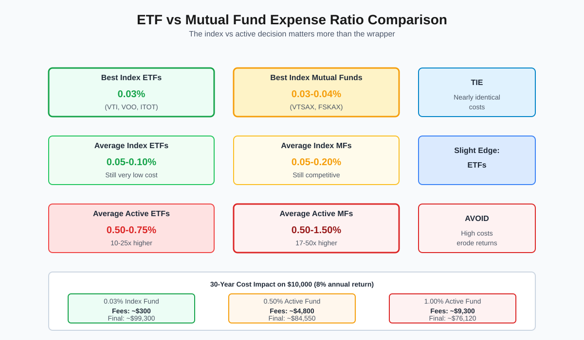 ETF vs mutual fund expense ratio comparison showing index ETFs and mutual funds charge similar low fees while active funds cost significantly more