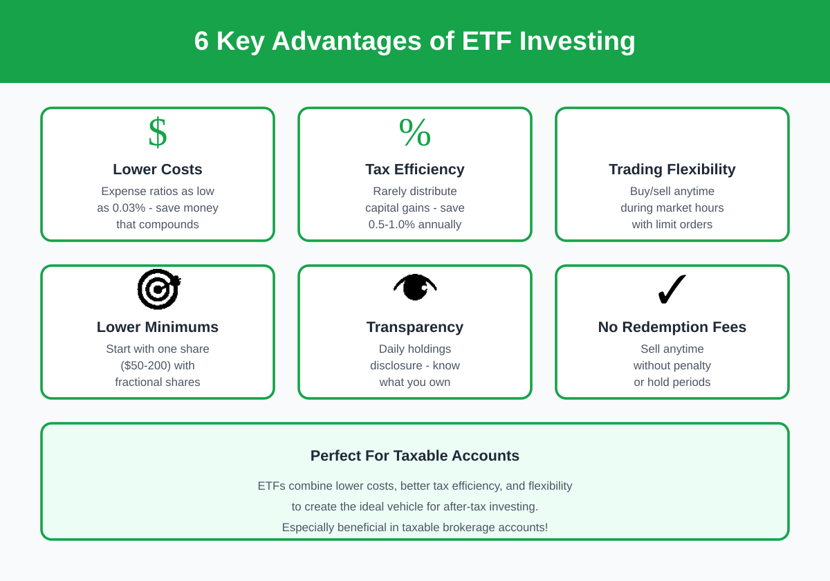 Six key advantages of ETF investing including lower costs, superior tax efficiency, trading flexibility, and transparency