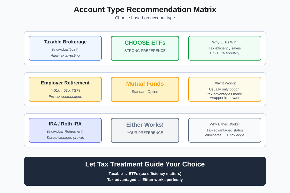 Investment account type recommendation matrix showing ETFs best for taxable accounts while either works for retirement accounts