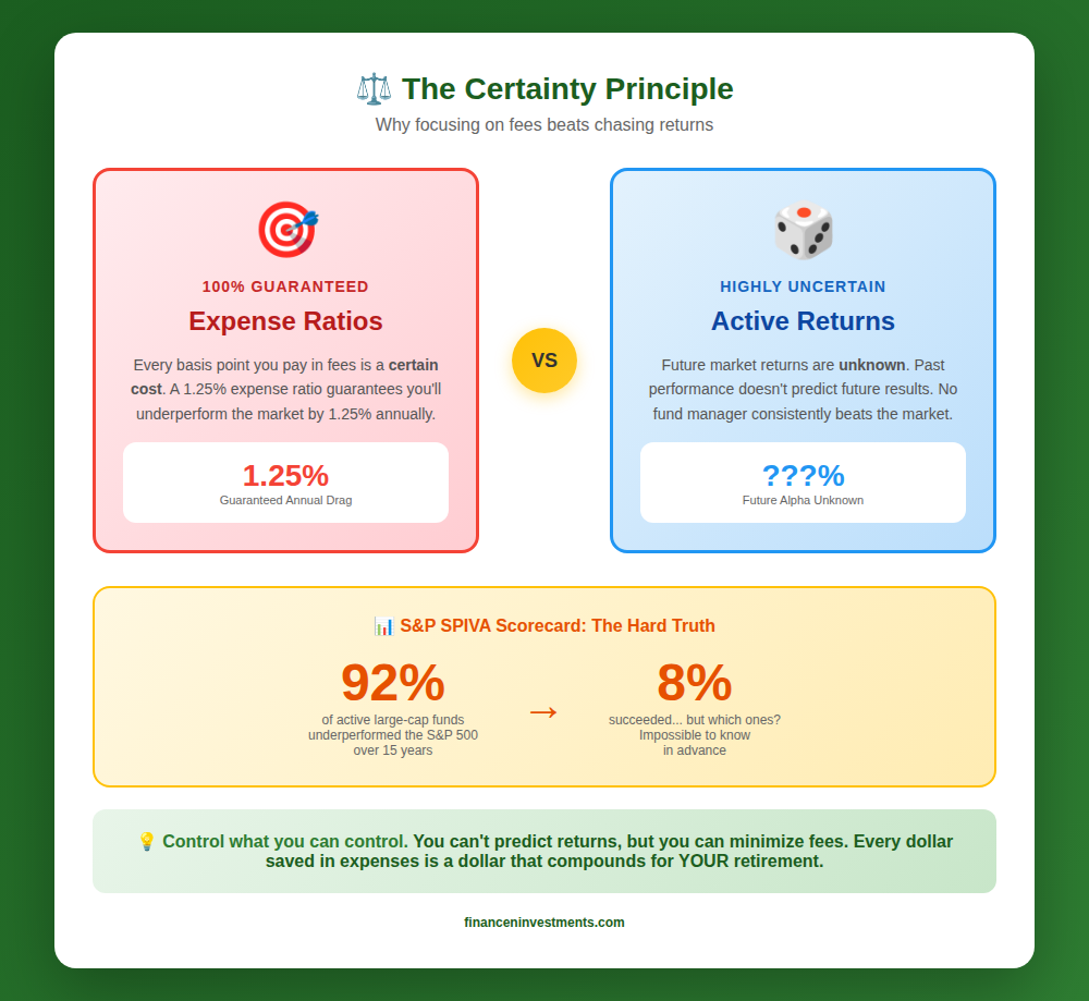 Comparison infographic showing expense ratios as 100% guaranteed costs versus uncertain active fund returns with 92% of funds underperforming over 15 years