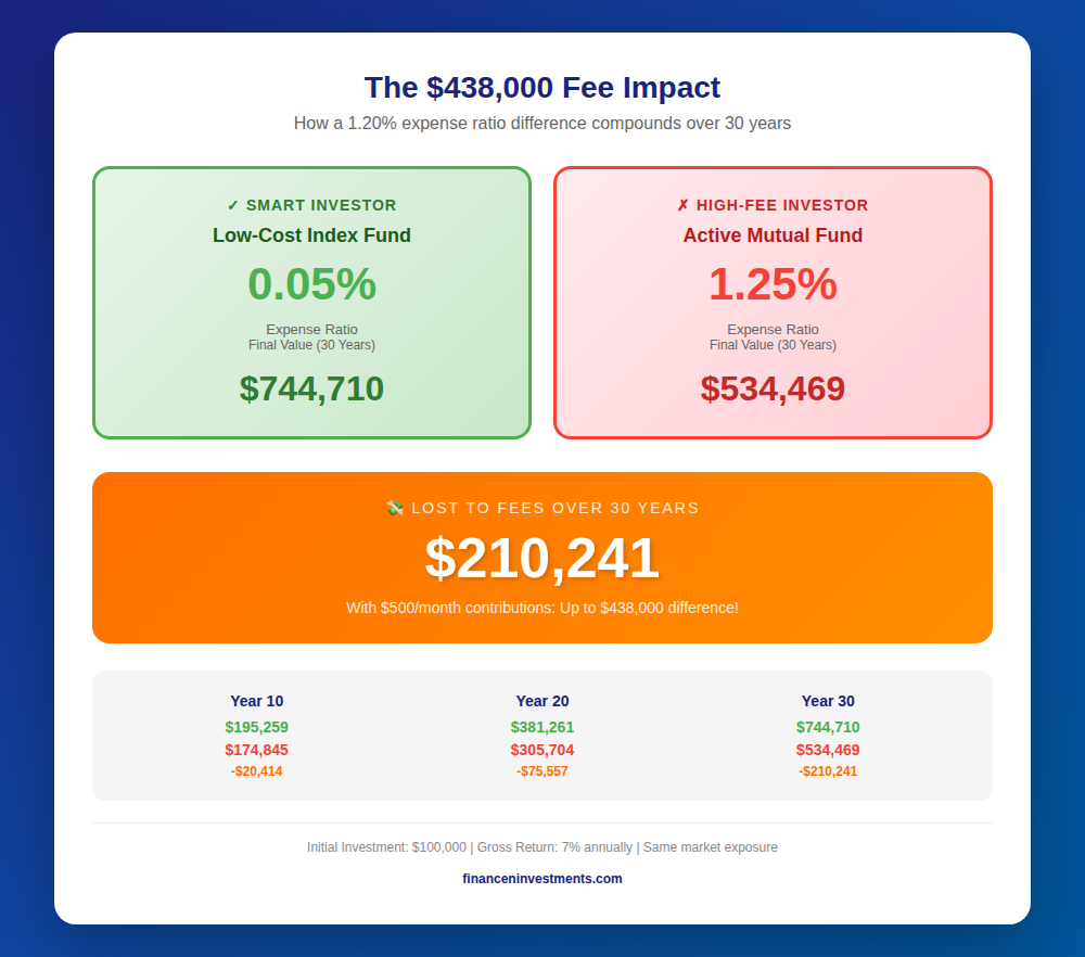 Expense ratio impact comparison showing how 0.05% vs 1.25% fees result in $210,241 difference over 30 years with $100,000 investment
