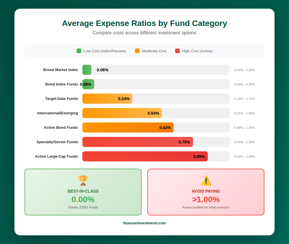 Horizontal bar chart comparing average expense ratios across fund categories from 0.06% for index funds to 0.85% for active large-cap funds