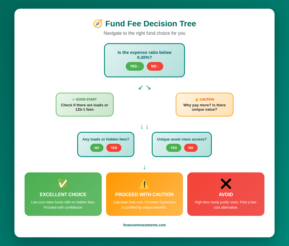Decision tree flowchart for evaluating fund fees starting with expense ratio under 0.20% question leading to excellent choice, caution, or avoid recommendations
