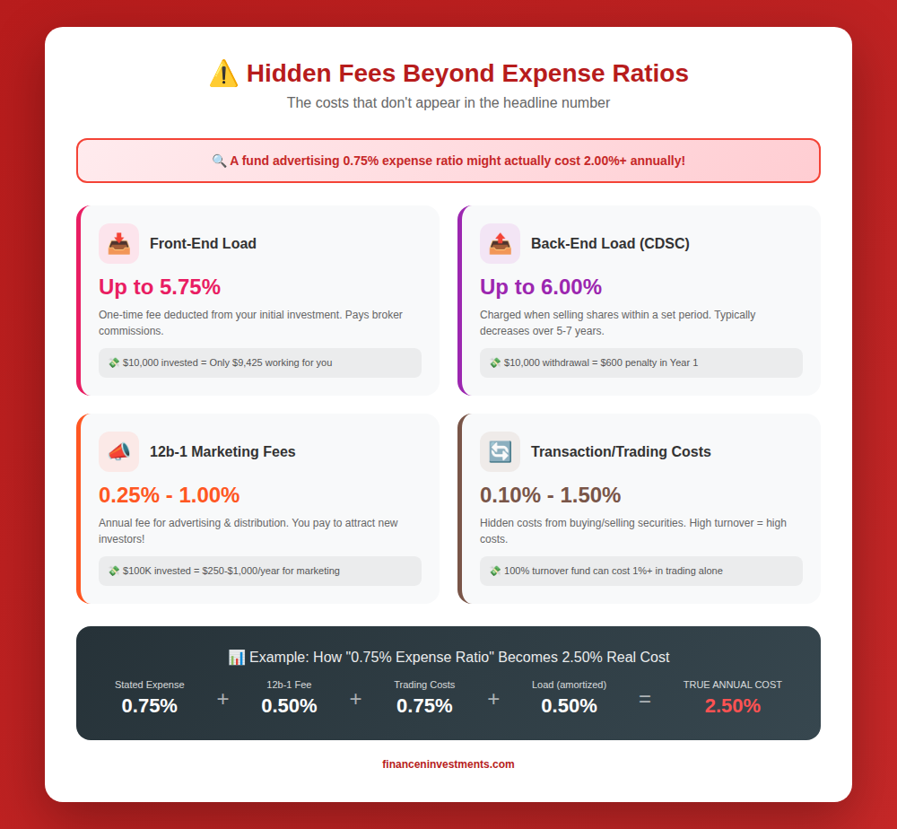 Infographic showing four hidden investment fees: front-end loads up to 5.75%, back-end loads up to 6%, 12b-1 fees up to 1%, and transaction costs up to 1.5%