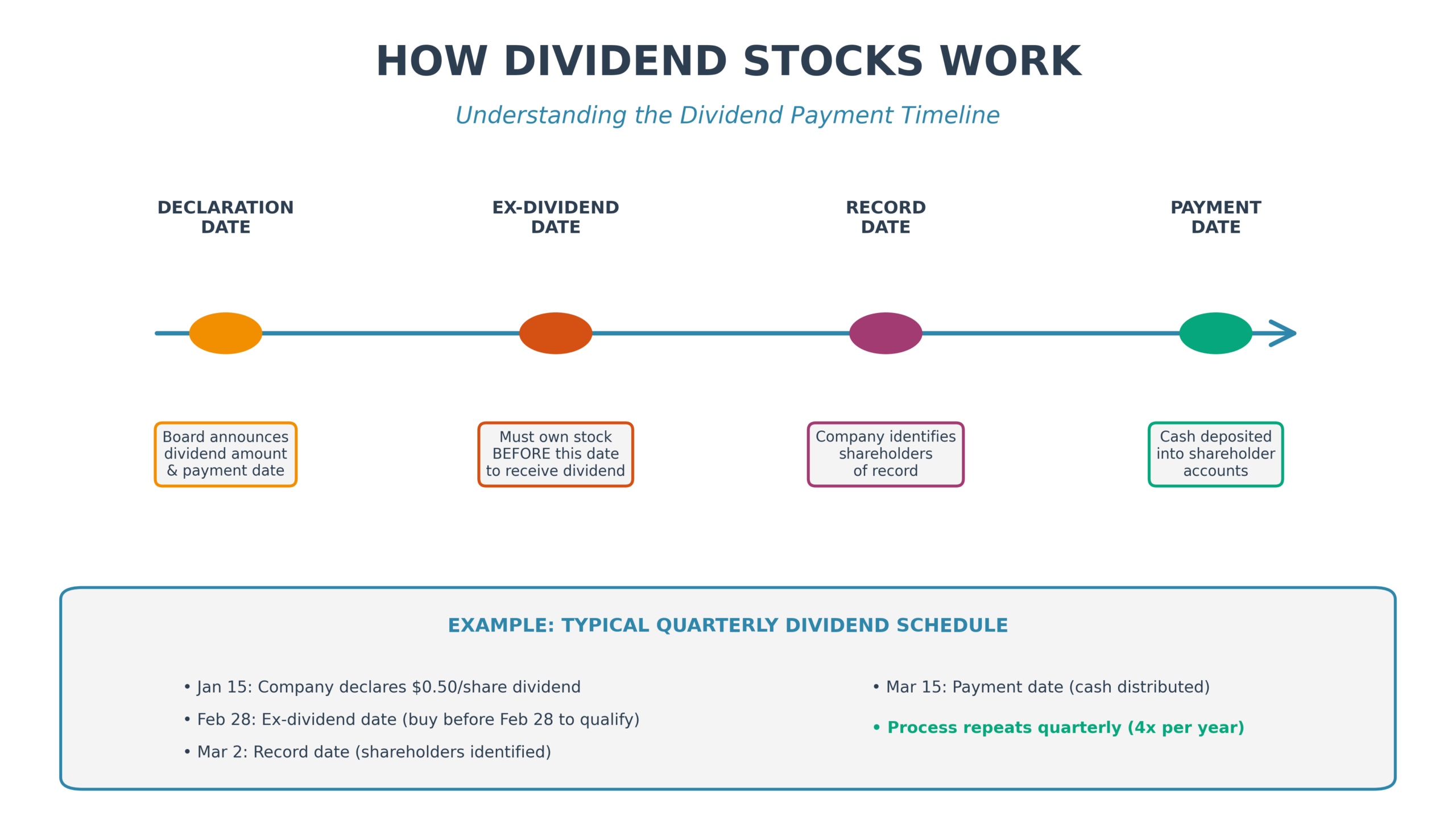 Dividend stocks payment timeline infographic showing four key dates: declaration date, ex-dividend date, record date, and payment date with typical quarterly schedule example