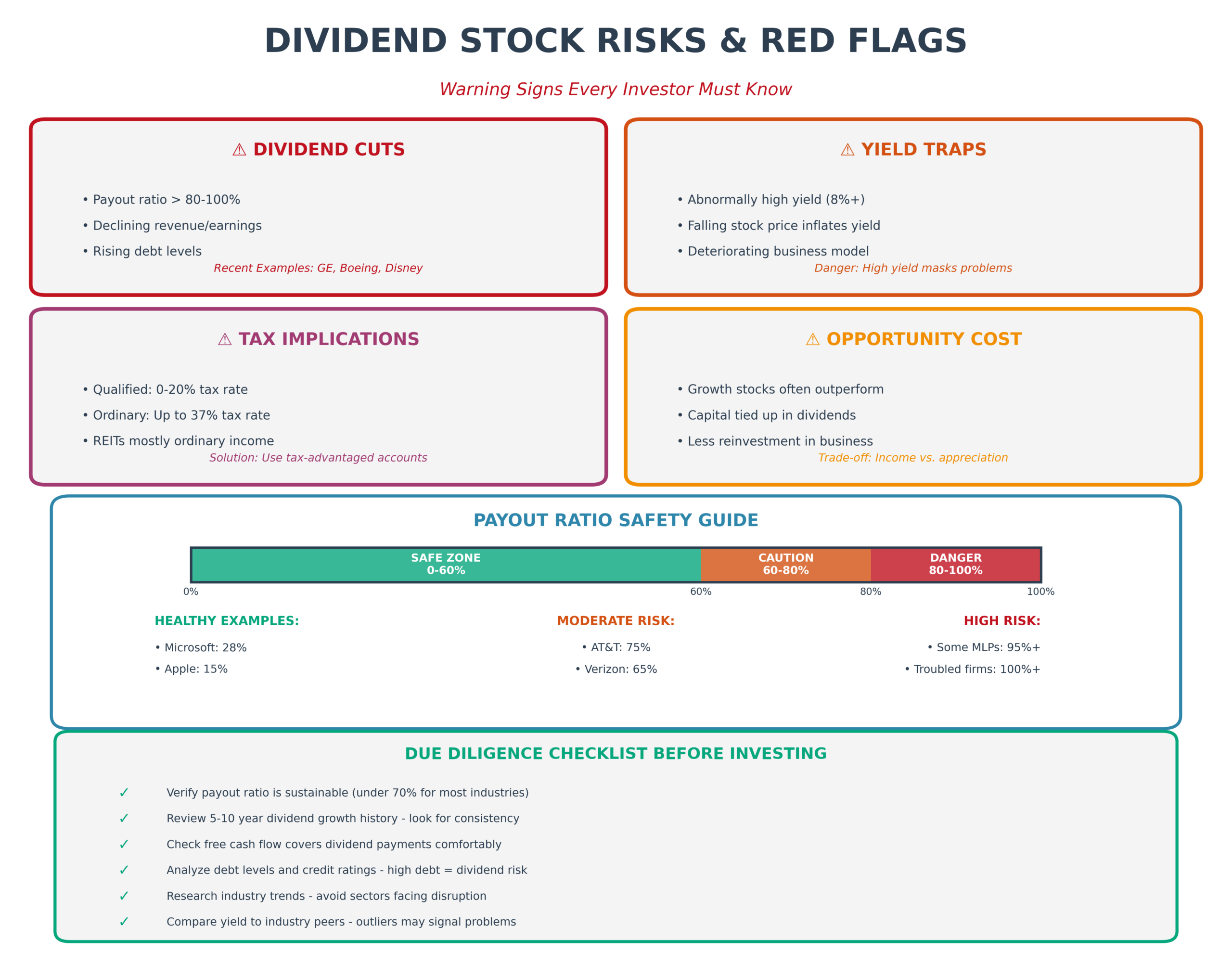 Dividend stocks risks and red flags infographic covering dividend cuts, yield traps, tax implications, and payout ratio safety guide with warning signs for investors