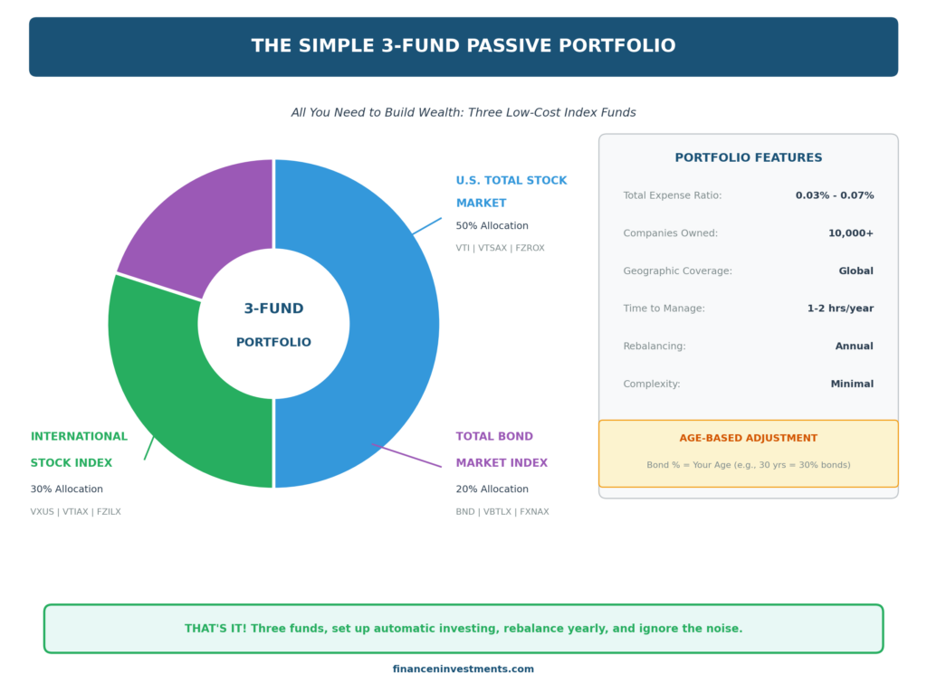 Simple 3-fund passive portfolio pie chart showing 50 percent US total stock market 30 percent international stocks and 20 percent total bond market index allocation