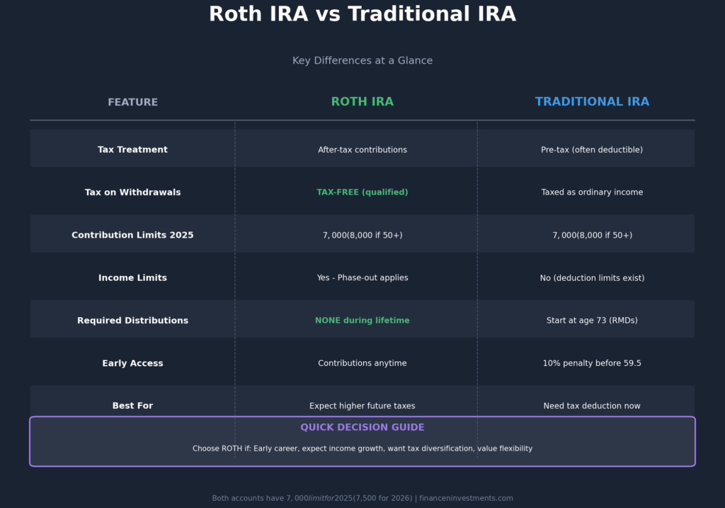 Roth IRA Guide: Your Roadmap to Tax-Free Retirement Wealth 2 Roth IRA vs Traditional IRA comparison table showing tax treatment, withdrawal rules, contribution limits, income limits, RMDs, and best use cases