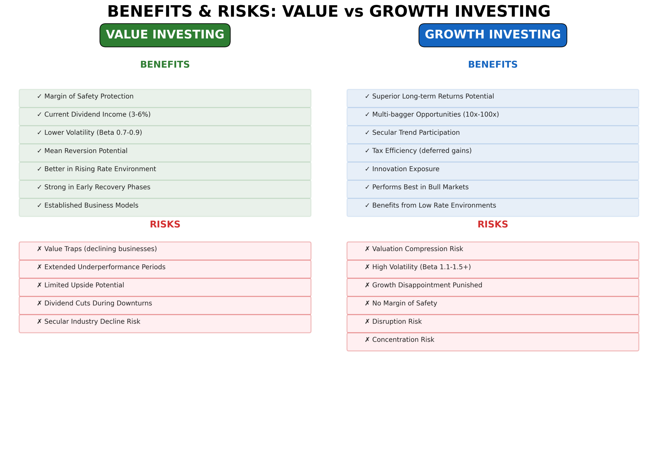 Comprehensive comparison of benefits and risks for value investing and growth investing strategies including margin of safety, volatility, dividend income, and growth potential
