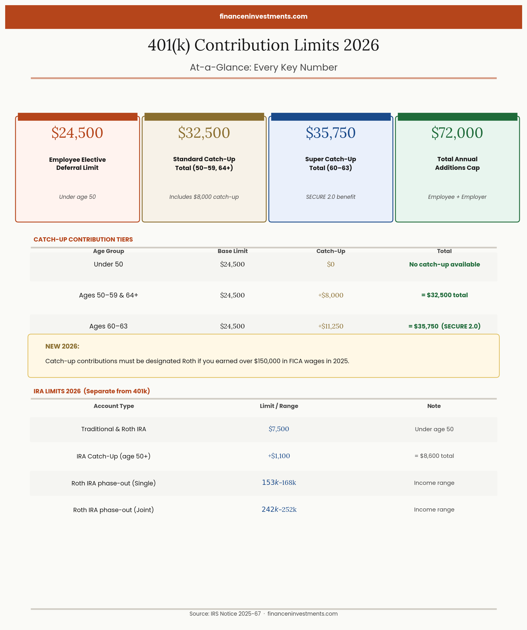 "401k contribution limits 2026 overview showing $24,500 employee deferral, $32,500 standard catch-up, $35,750 super catch-up, and $72,000 combined annual cap"