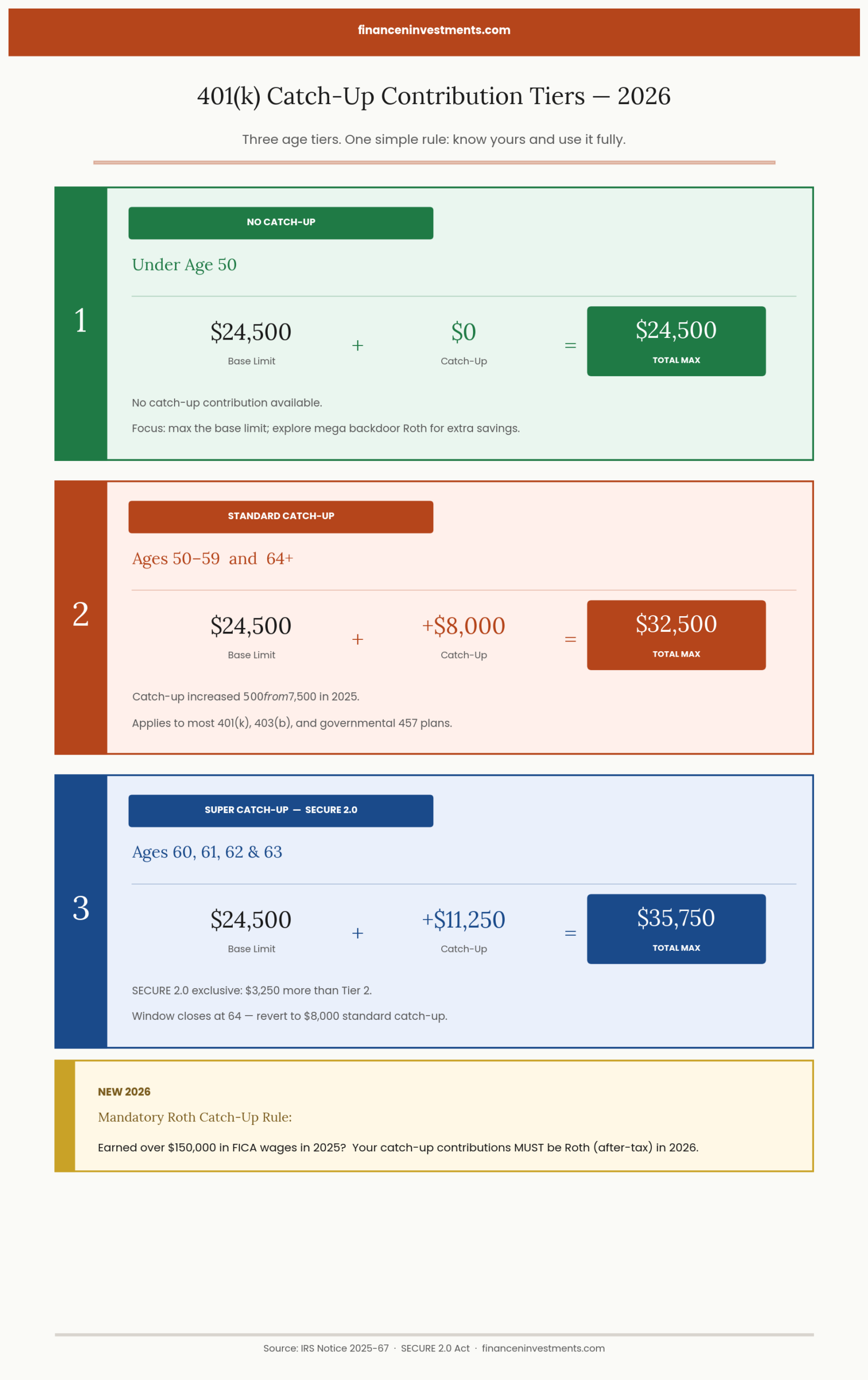 Three-tier chart of 401k catch-up contribution limits 2026: no catch-up under 50, $8,000 standard catch-up ages 50-59 and 64+, $11,250 super catch-up ages 60-63 under SECURE 2.0