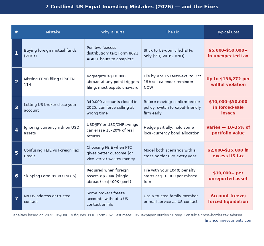 Table listing the 7 costliest US expat investing mistakes in 2026, the reason each hurts, the fix, and the typical financial cost